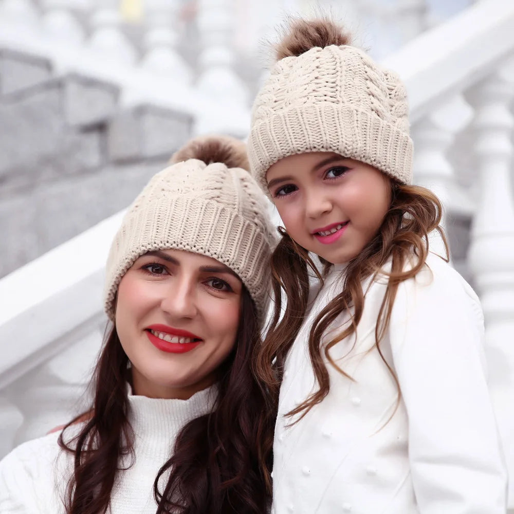 Mother Kids Matching Knitting Pom Bobble Hat/Beanie