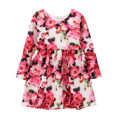 Flower Birds Printing Long Sleeve Princess Girl Dresses childrensterritory