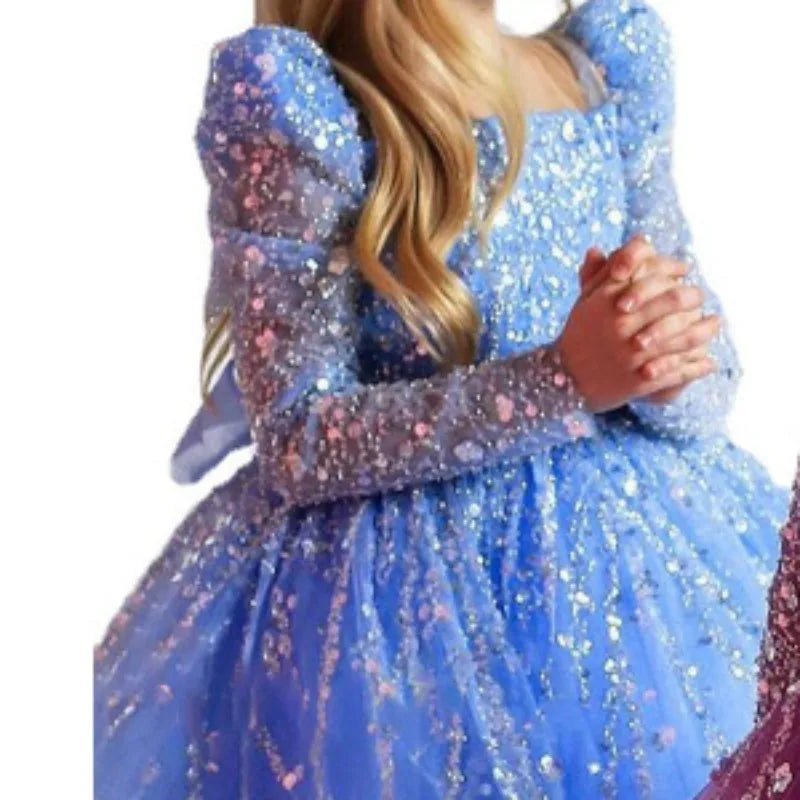 Kids Girls Long Sleeves Sparkling Sequined Puff Gown/Dress