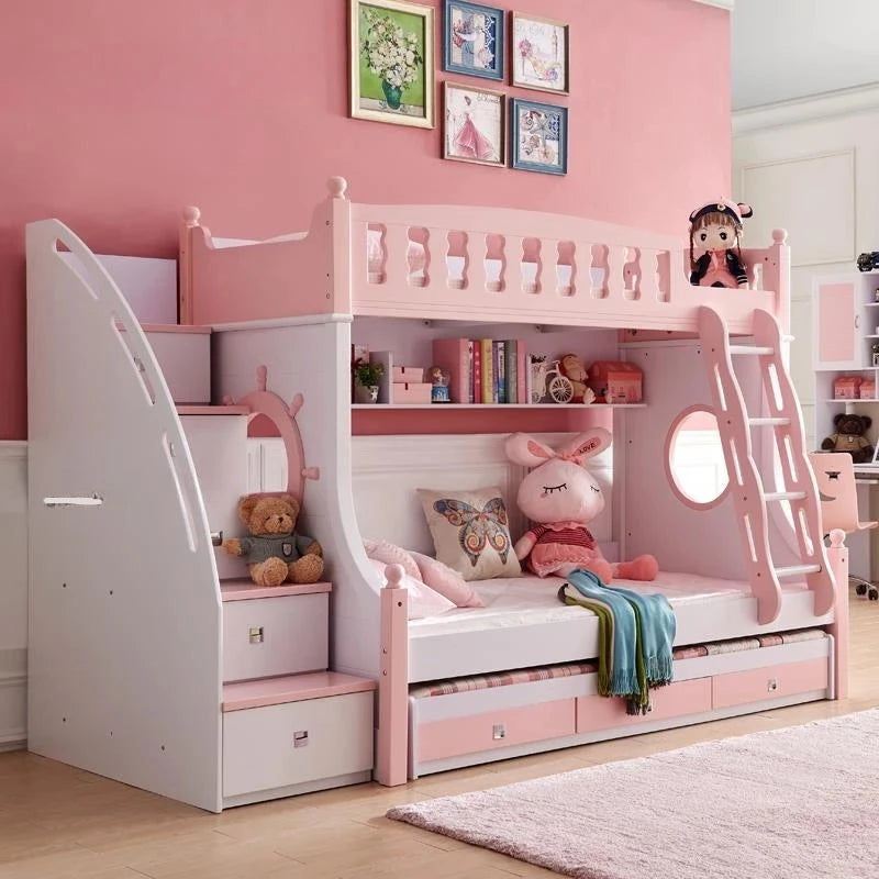 Luxurious Modern Style Kids Girls Pink Bunk Beds with Ladder childrensterritory