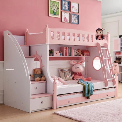 Luxurious Modern Style Kids Girls Pink Bunk Beds with Ladder childrensterritory