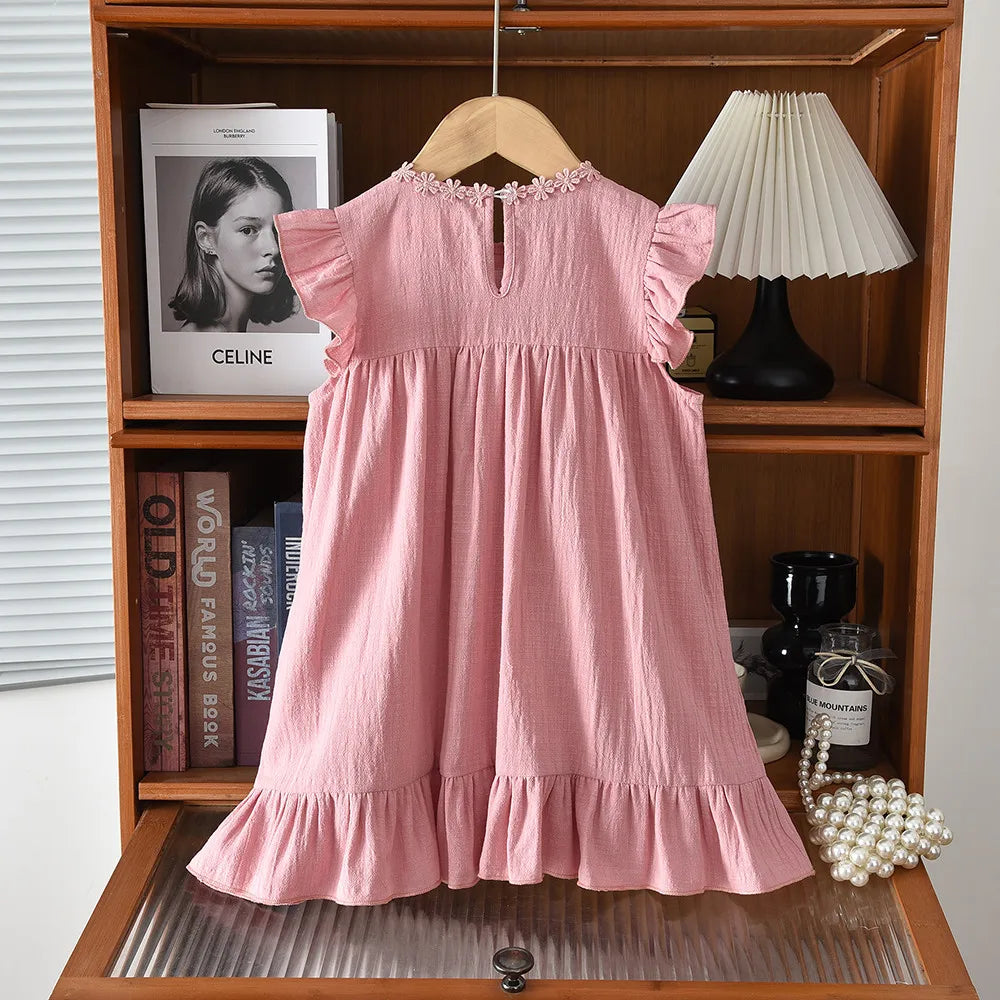 Little Girls Floral Appliques Design Summer Dress with Pockets