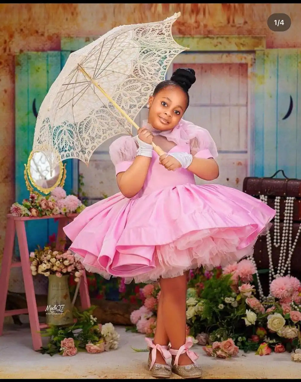 Pink Fluffy Bow Design Birthday Party Dresses For Girls