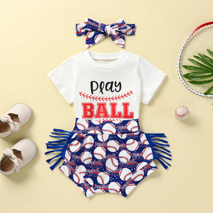 Baby Girl Letter &amp; Baseball Print Top and Tassel Shorts Set childrensterritory