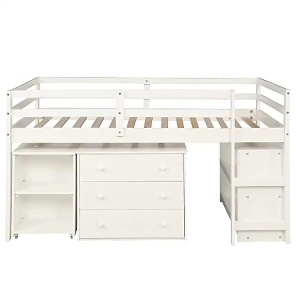 Portable Twin Loft Bed with Storage Cabinet for Kids