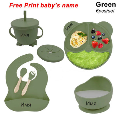Personalized 6Pcs Toddler Feeding Suction Bowl Silicone Plates Set childrensterritory