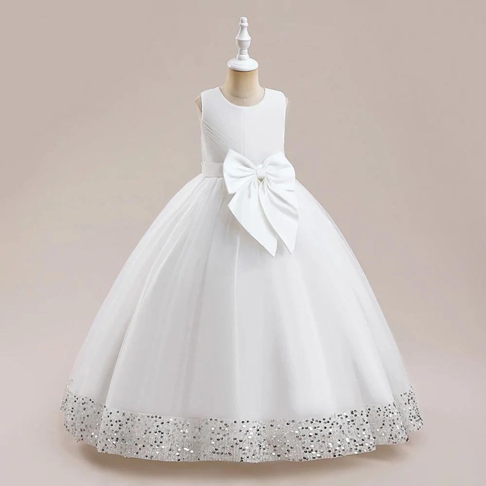 Solid Color Sequin Bow Design Kids Girls Formal Evening Vestidos childrensterritory