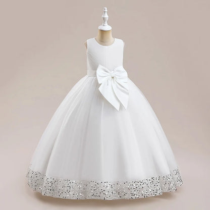 Solid Color Sequin Bow Design Kids Girls Formal Evening Vestidos childrensterritory