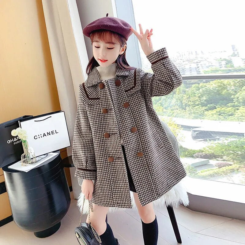 Kids/Teen Girls Warm Wool &amp; Blends Long Plaid Trench Coats childrensterritory
