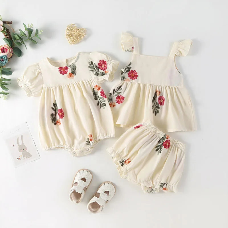 Baby Girl Floral Puff Sleeve Embroidered Bodysuit Sets