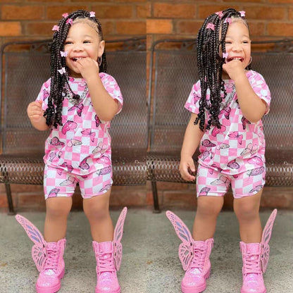 Two Pieces Kids Girls Butterfly Print Summer Clothing Sets childrensterritory