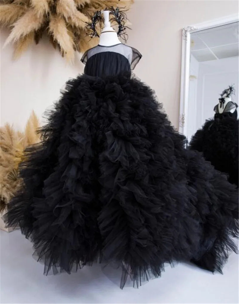 Black Tulle Fluffy Tiered Wedding and Birthday Party Dress for Girls childrensterritory