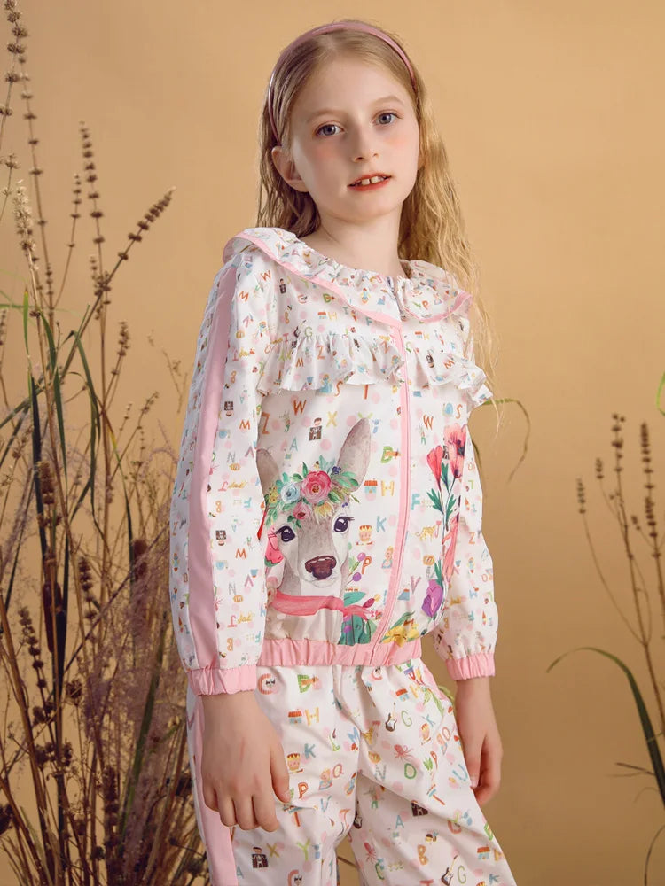 Little Girls Cartoon Flowers Print Cute Top and Pant Set childrensterritory