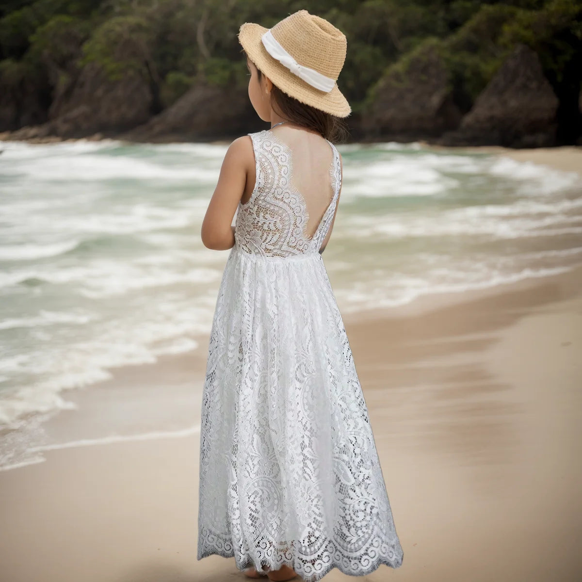 Solid Lace Design Long Wedding Flower Girl Cotton Dresses