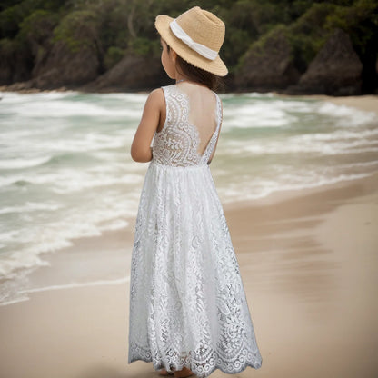 Solid Lace Design Long Wedding Flower Girl Cotton Dresses