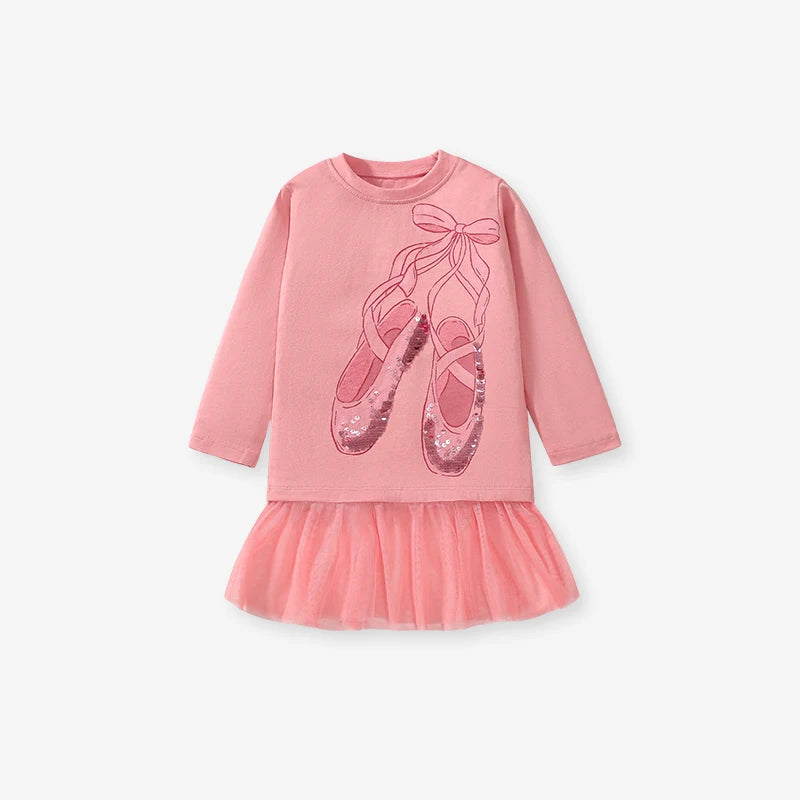 Girls Cartoon Sequin Ballet Shoes Design Cotton Top childrensterritory