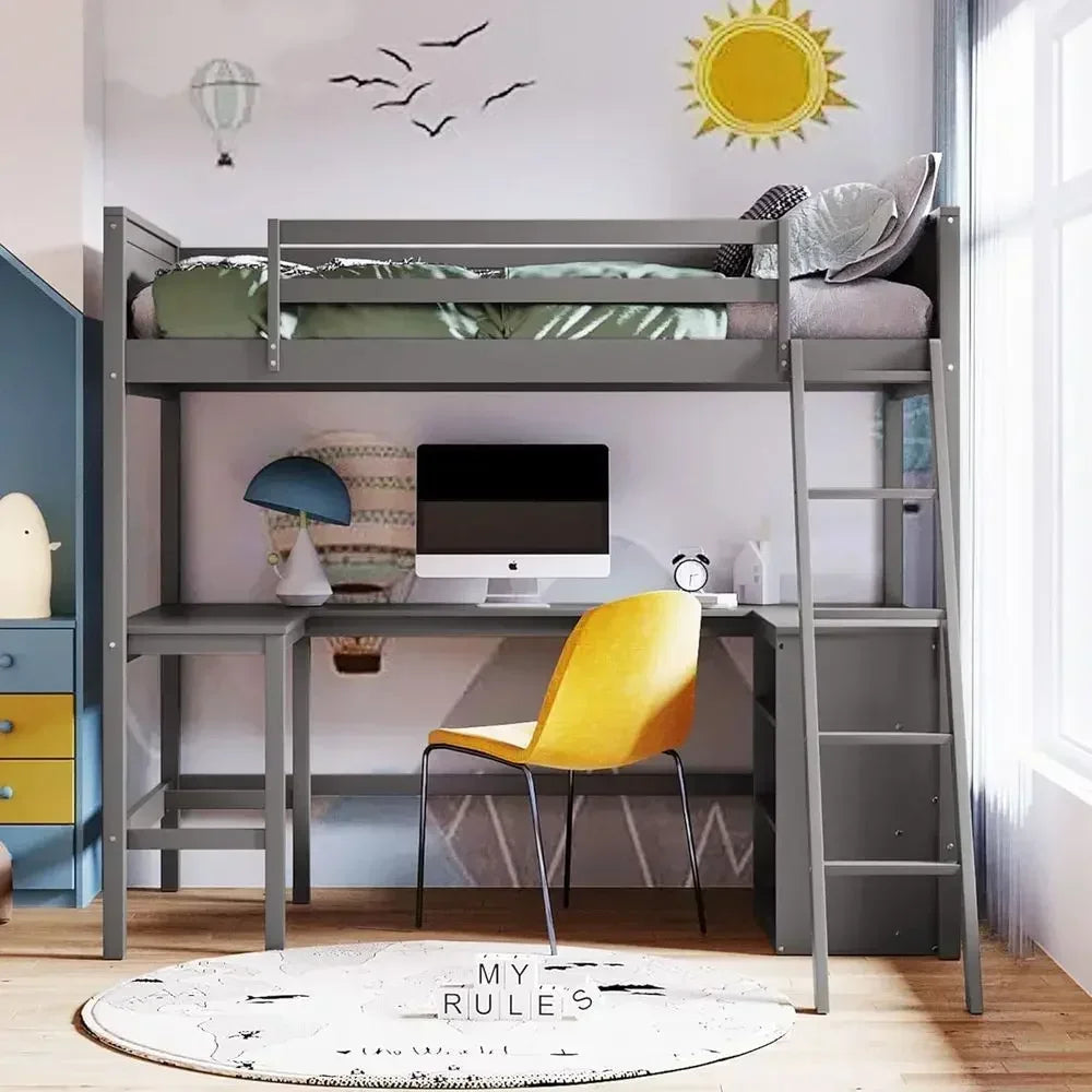 Twin Size Wooden Loft Bed with Under-Bed Storage - Gray