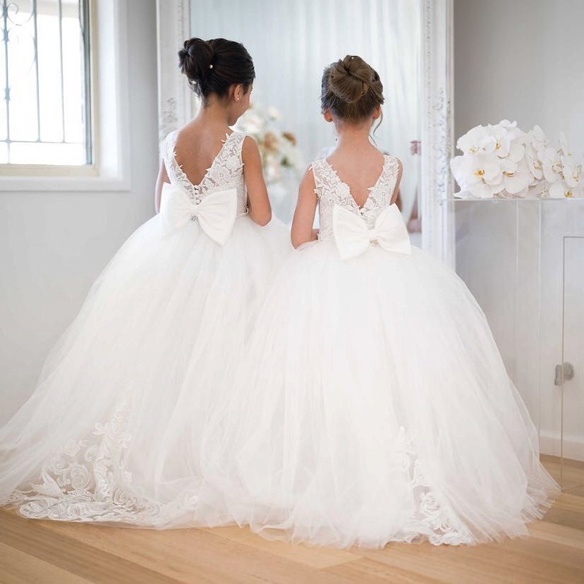 Kids Girls Backless Tutu Wedding Party Dresses with Long Train childrensterritory