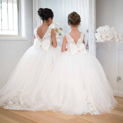 Kids Girls Backless Tutu Wedding Party Dresses with Long Train childrensterritory