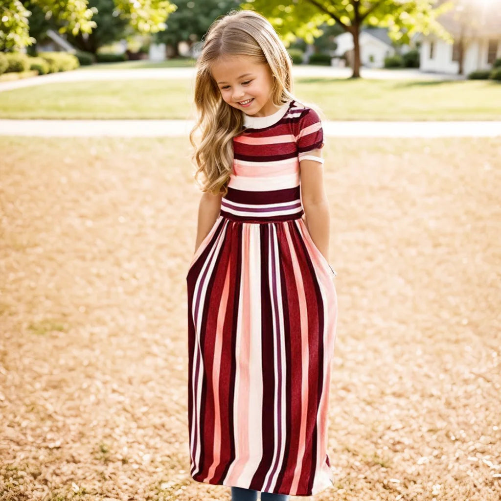 Striped Print Design Casual Summer Long Dress For Baby Girls childrensterritory