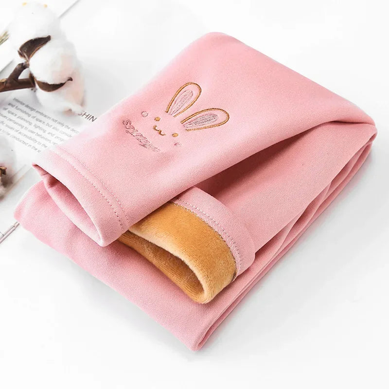 Little Girls Thick Warm Rabbit Print Solid Trousers childrensterritory