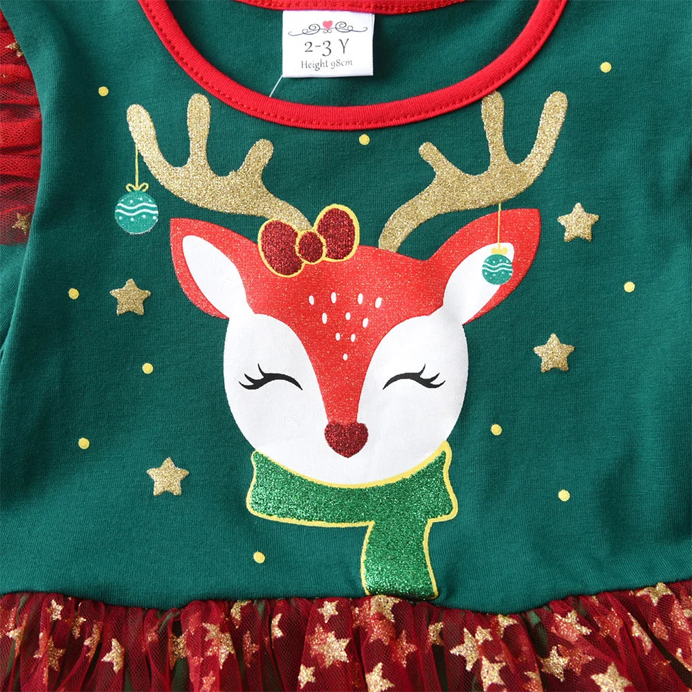Kids Girls Reindeer Print Christmas Party Dress childrensterritory