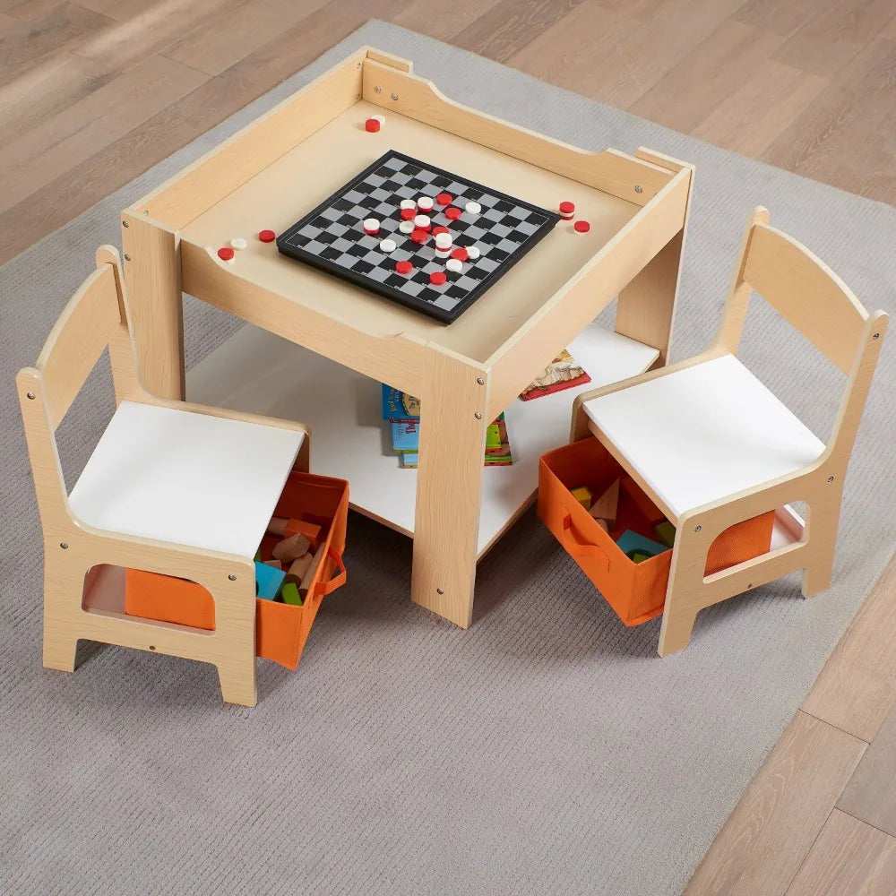 Kids Natural Color Wooden Storage Table and Chairs Set childrensterritory