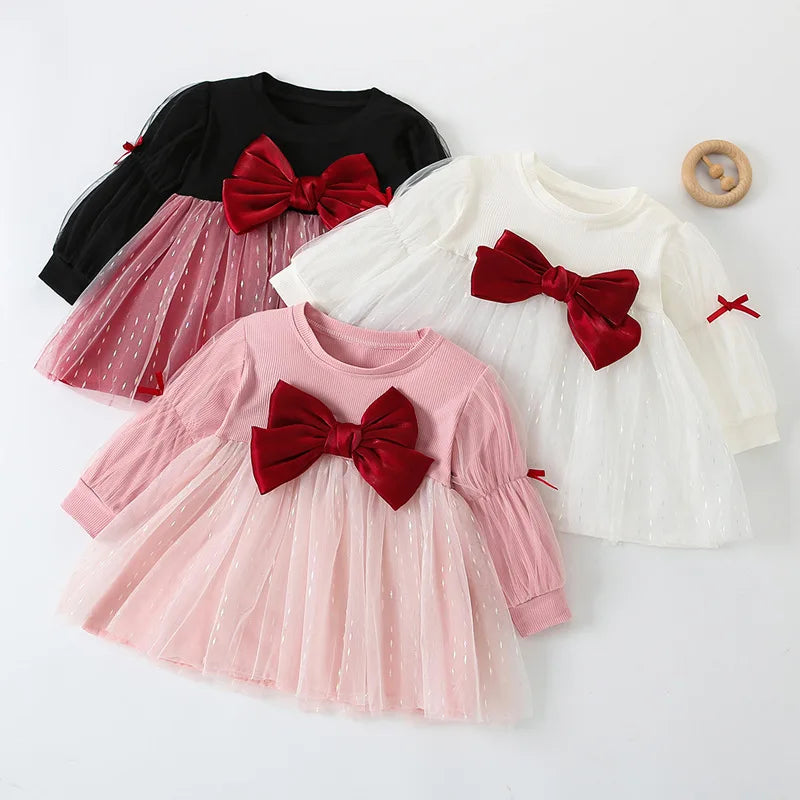 Girls' Long-Sleeved Bow Design Birthday Party Dresses