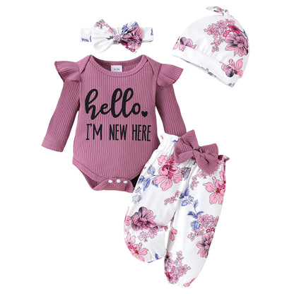 Newborn Girls Ruffle Romper Floral Pants with Hat Outfit