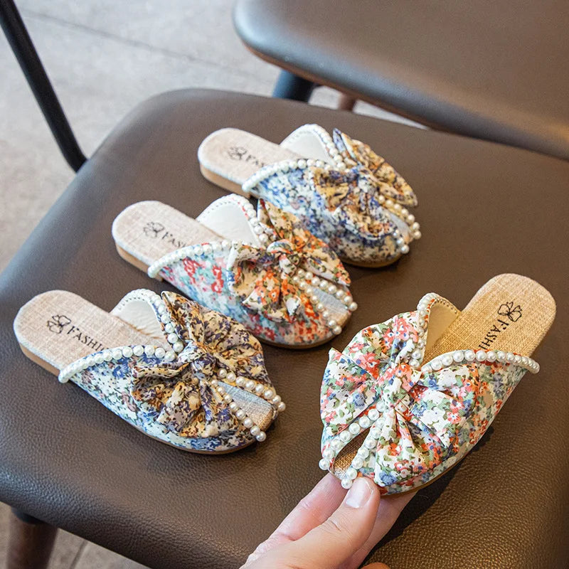 Soft Floral Print Pearls Decor Kids Girls Bow-knot Slippers
