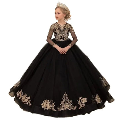Kids Girls Black Floor Length Pageant Dress with Gold Appliques