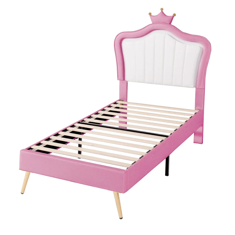 Crown Headboard Modern Upholstered Twin Size LED Princess Bed childrensterritory