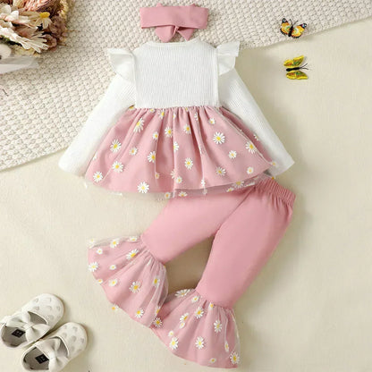 3Pcs Newborn Girl Bodysuit, Bow, Floral Pants Clothing Set