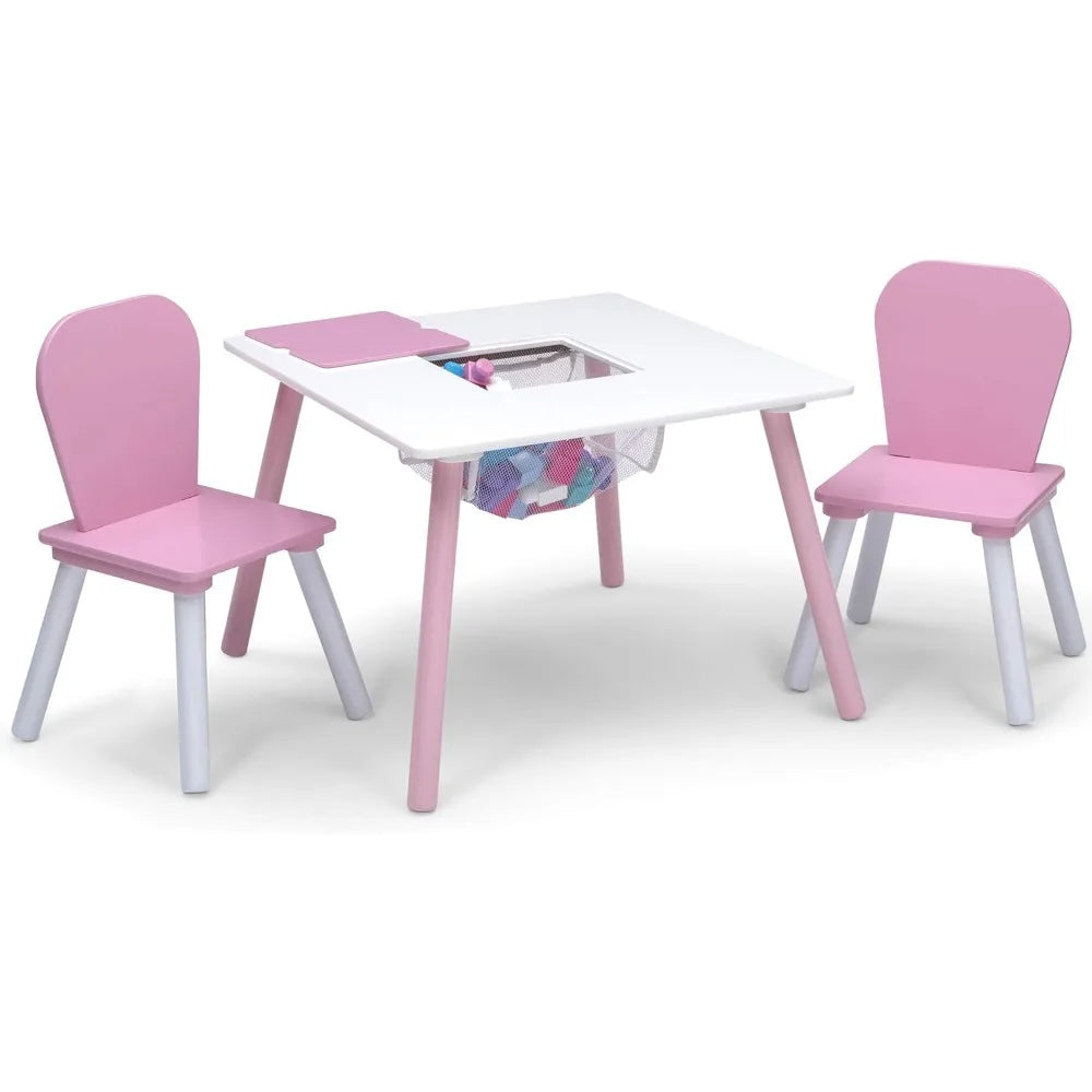 White and Pink Kids Table and Chair Set with Storage