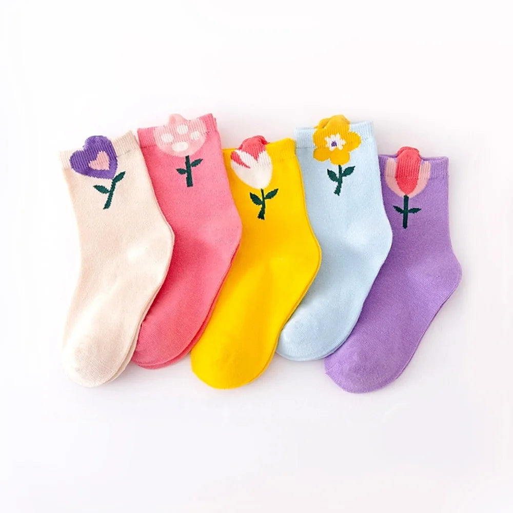 Cute Flower Cartoon Pattern 5 Pairs of Socks For Girls childrensterritory