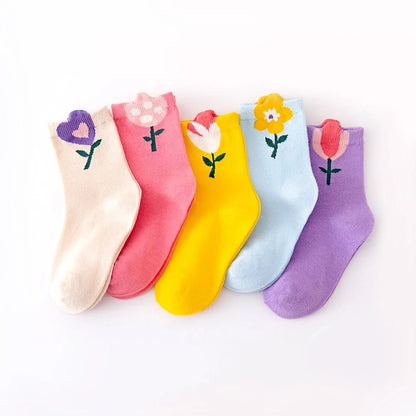 Cute Flower Cartoon Pattern 5 Pairs of Socks For Girls childrensterritory