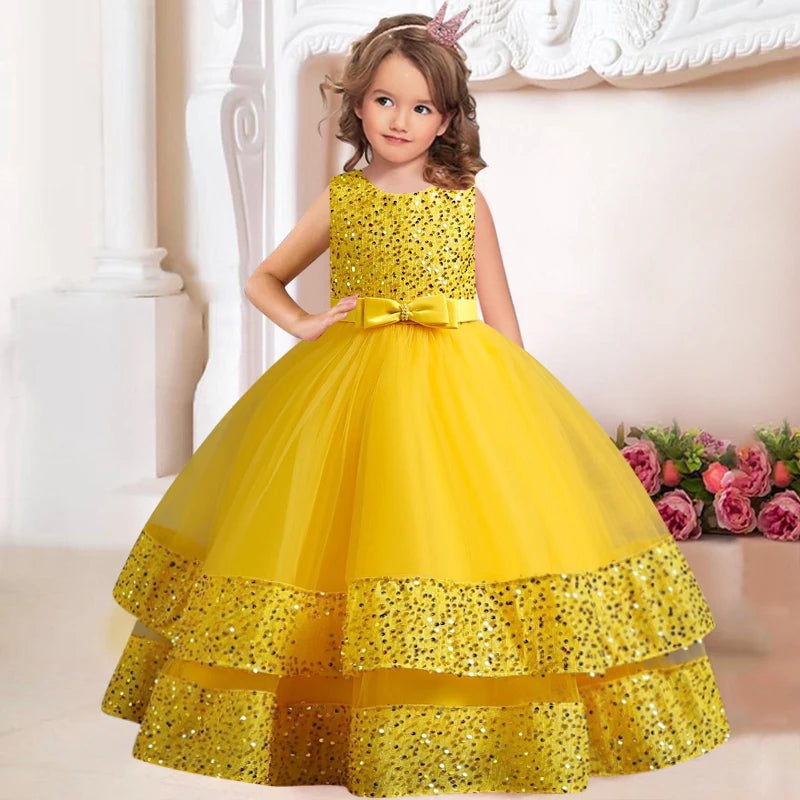 Sequins Bowknot Design Long Princess Dresses for Girls childrensterritory