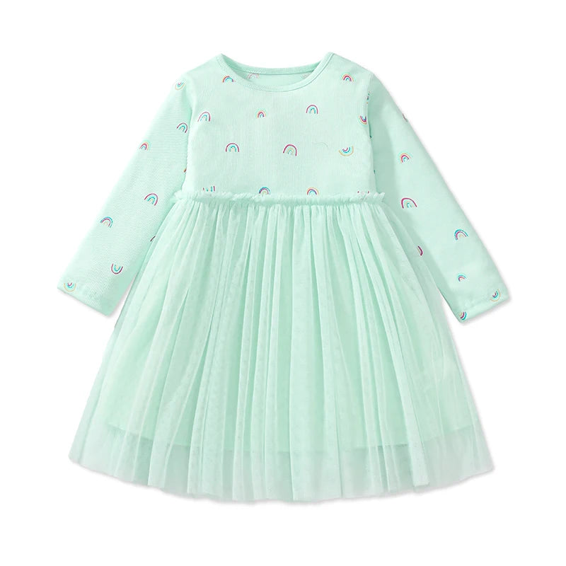 Little Girls Long Sleeves Floral and Rainbow Design Fall Dresses childrensterritory