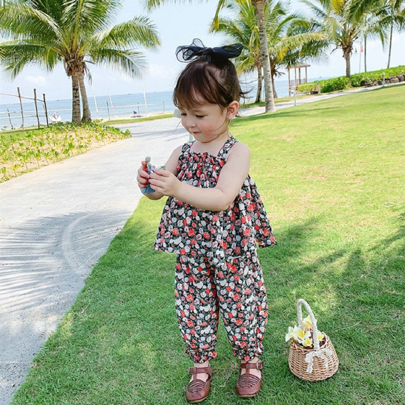Kids Girls Flower Suspender Top+ Nine-Point Pants Outfit Set childrensterritory