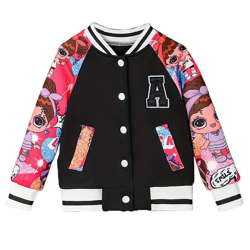 "A" Pattern and Cartoon Doll Print Kids Girls Jackets childrensterritory