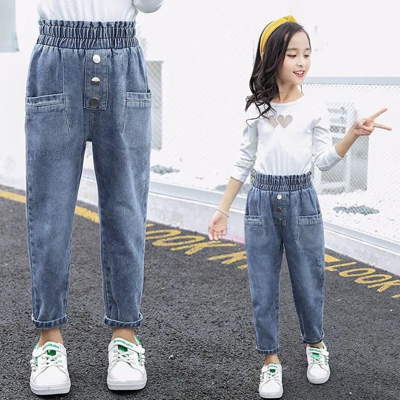 Casual High Waist Elastic Denim Pants for Girls