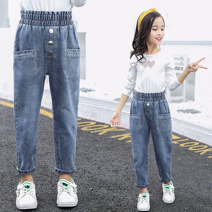 Casual High Waist Elastic Denim Pants for Girls childrensterritory