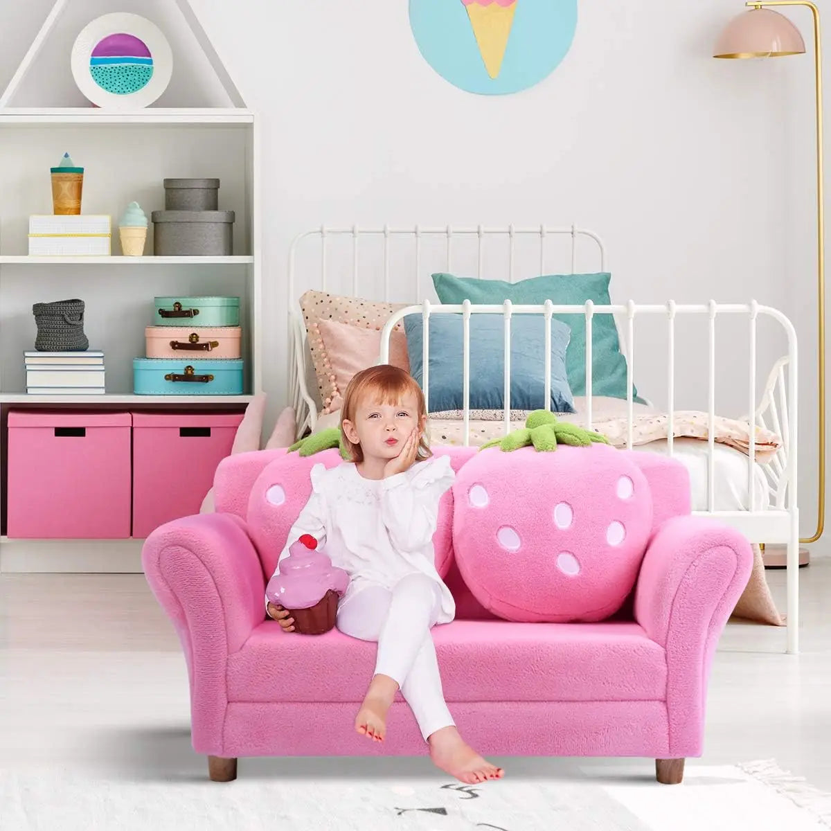 Upholstered Two-seater Toddler Sofa with Strawberry Pillows