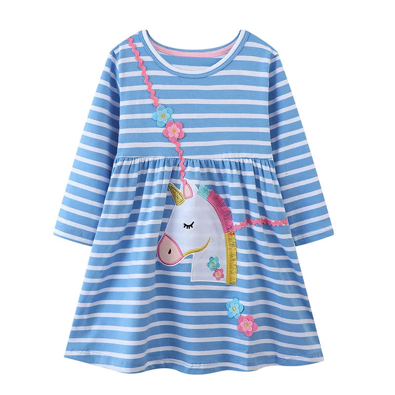 Little Girls Cartoon Unicorn Design Striped Dress