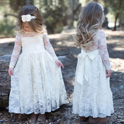 Kids Girl White Beige Long Sleeve Bridesmaid Dresses for Summer