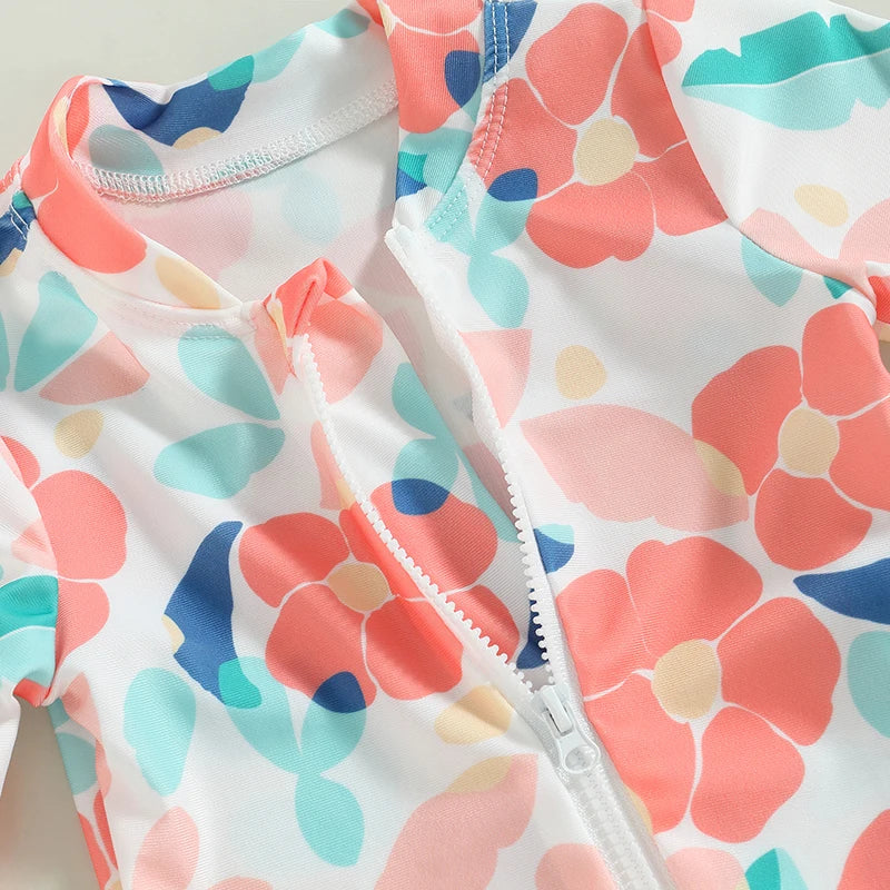 Floral Print Zipper Long Sleeve Baby Girls Swimsuit &amp; Headband