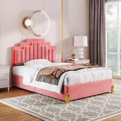 Full-size Platform Bed with Upholstery, Four Drawers, and LED Lights childrensterritory