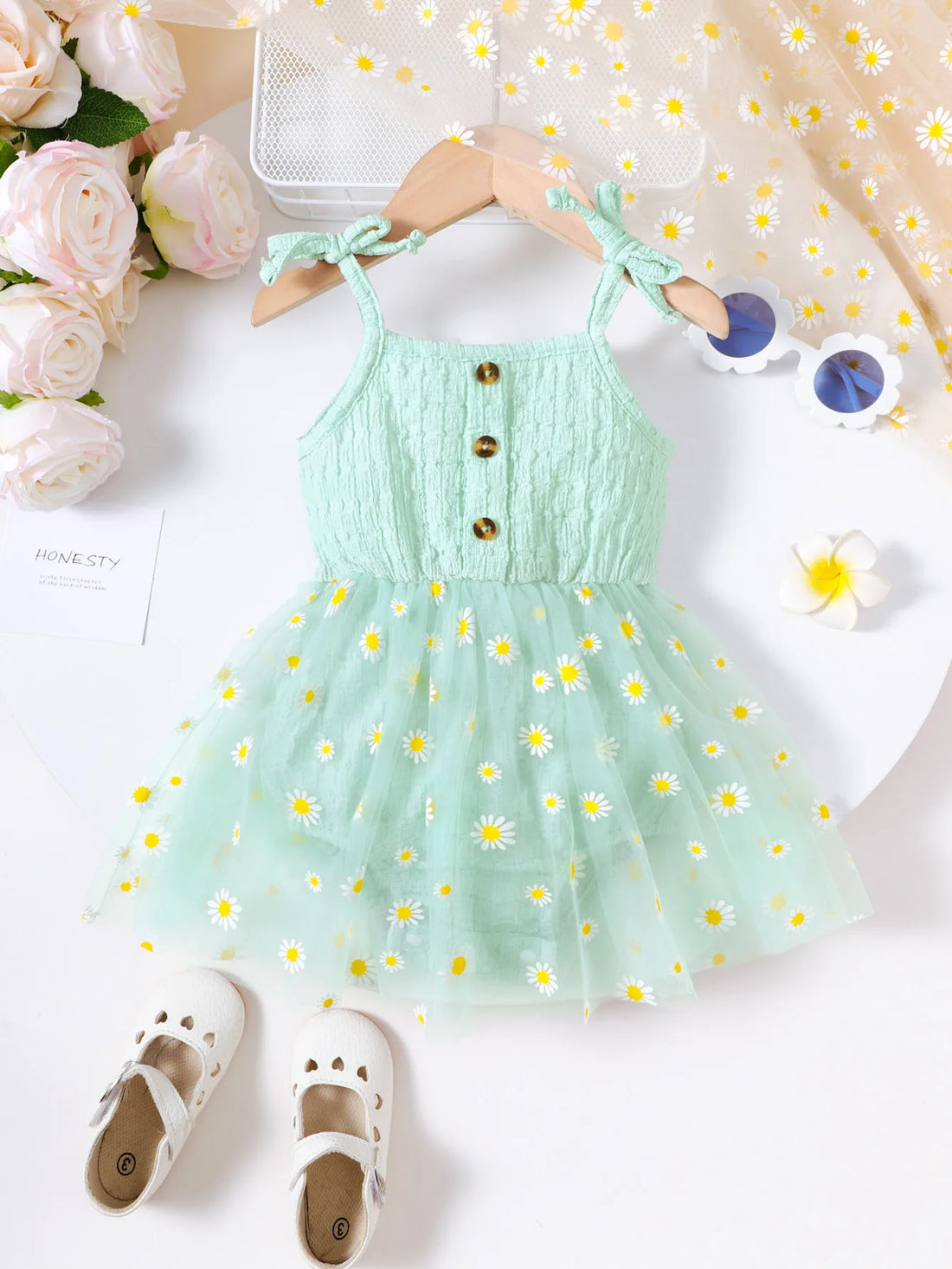 Small Daisy Print Baby Girl Sleeveless Mesh Romper Dress