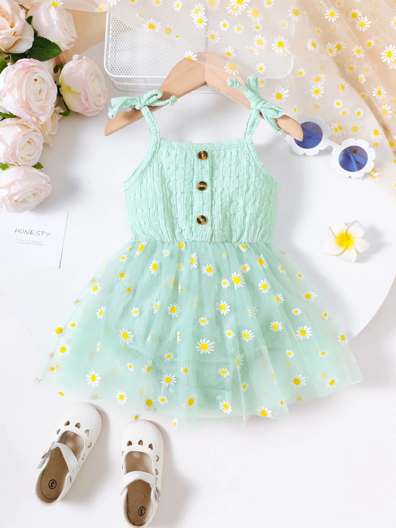 Small Daisy Print Baby Girl Sleeveless Mesh Romper Dress