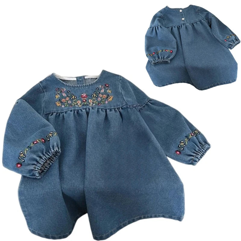 Little Girl Retro Style Embroidered Denim Fashionable Dress childrensterritory
